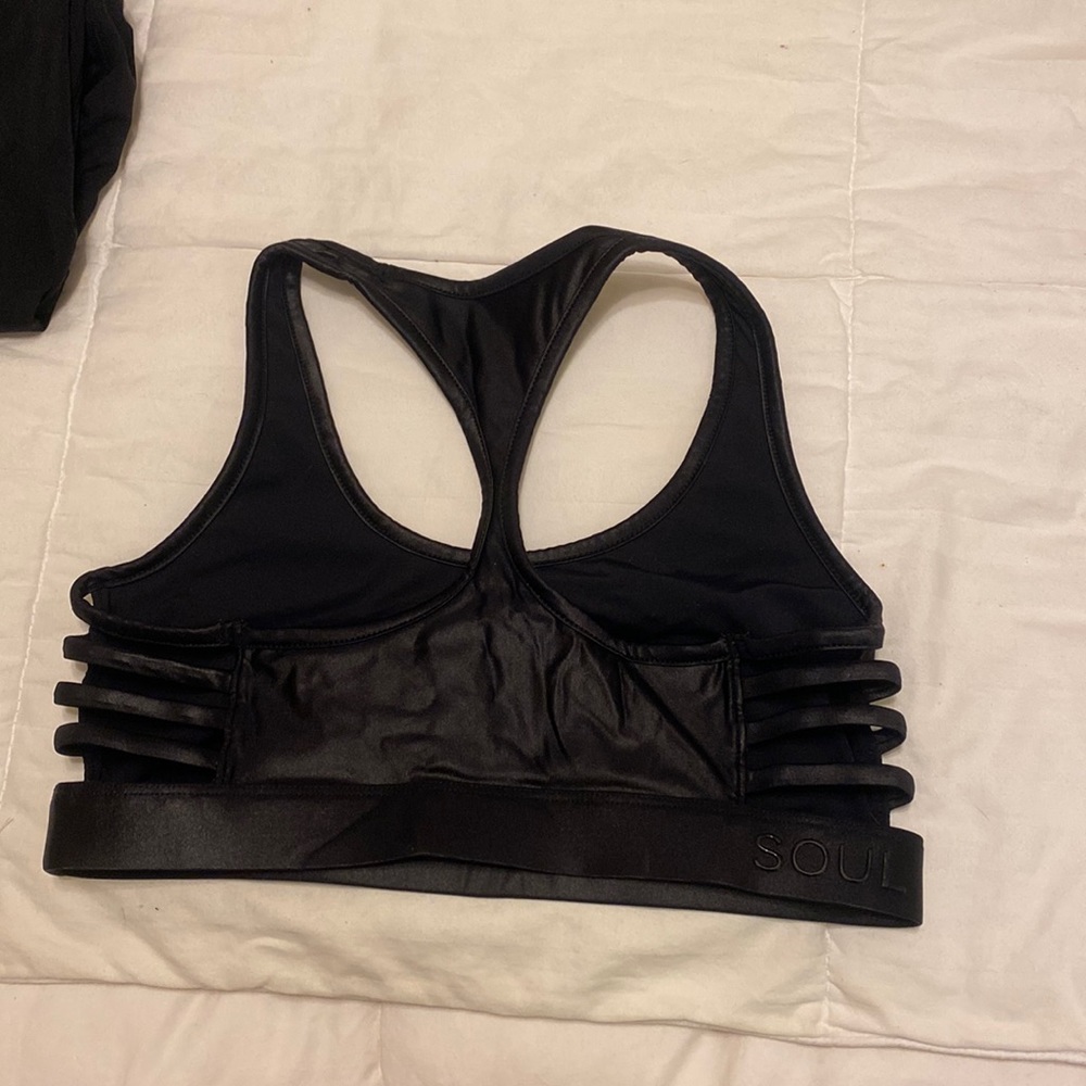 SoulCycle leather effect sports bra